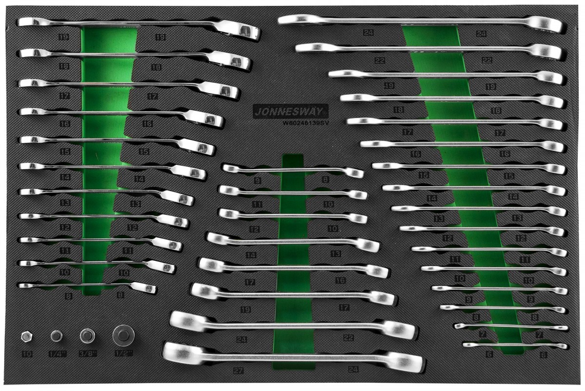 Набор гаечных ключей и адаптеров Jonnesway W106246139SV (W60246139SV) в EVA ложементе, 39 штук - фото