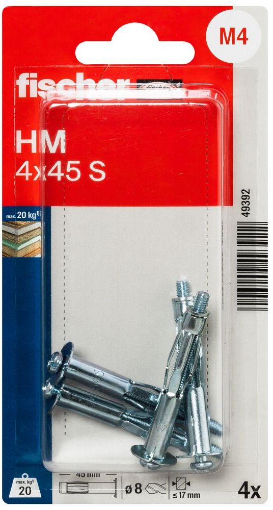 Анкер для пустотелых материалов HM S 4х45 Fischer 049392, оцинкованная сталь, 4 шт в блистере - фото