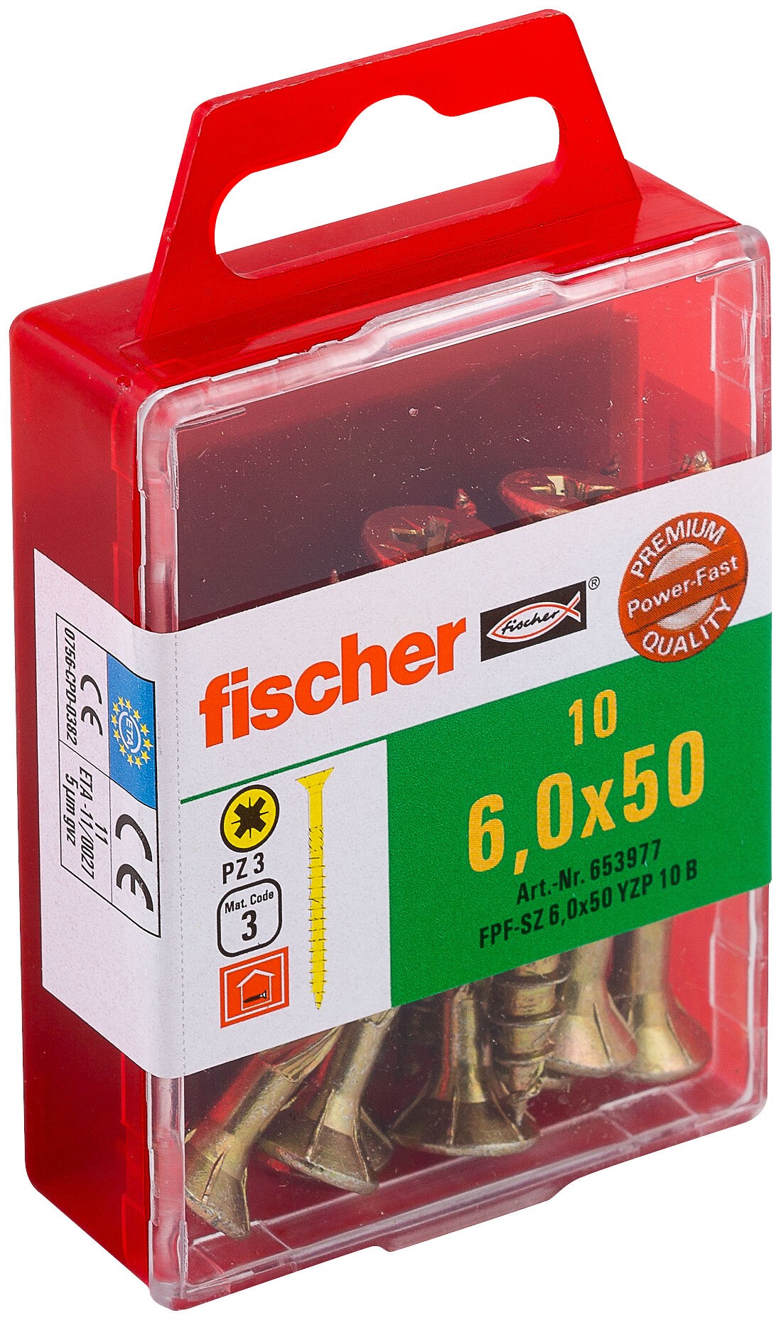 Саморез потай 6х50 мм Fischer FPF-SZ YZP 653977, неполная резьба, желтый цинк (10 шт) - фото