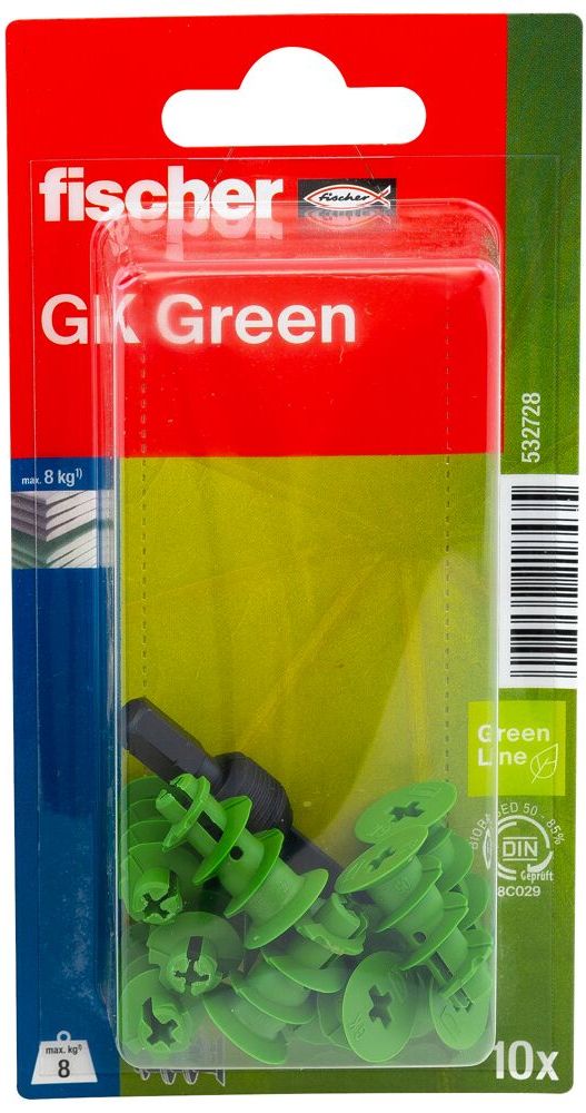 Дюбель для гипсокартона 22 мм GK Green Fischer 532728, зелёный нейлон, 10 шт в блистере - фото