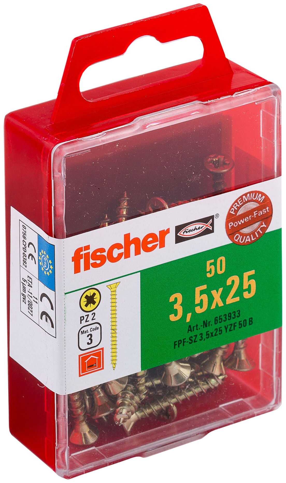Саморез потай 3,5х25 мм Fischer FPF-SZ YZF 653933, полная резьба, желтый цинк (50 шт) - фото