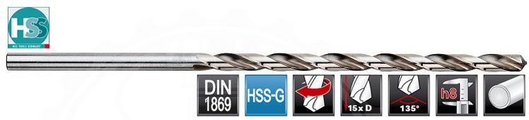Сверло по металлу DIN1869 h8 15xD HSS-G 135° H-Tools - фото