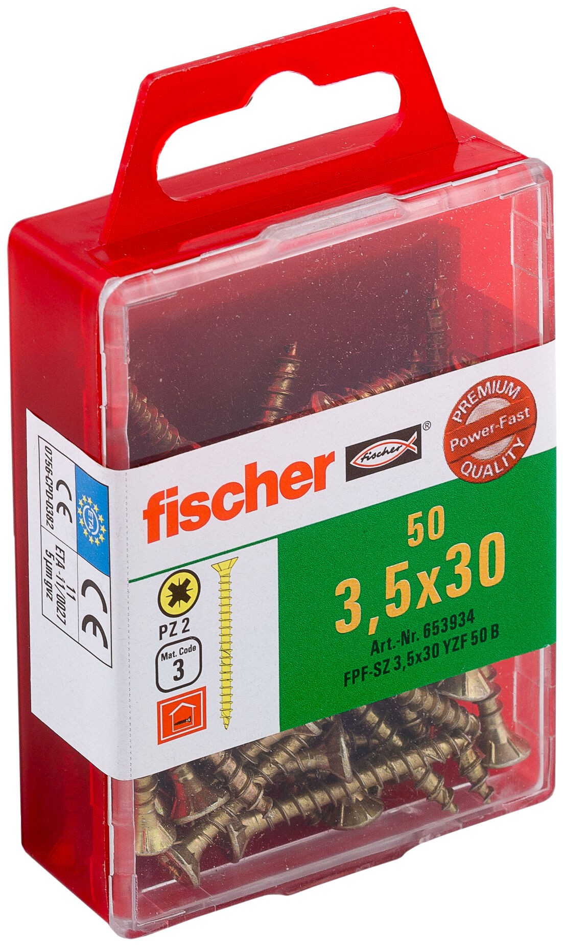 Саморез потай 3,5х30 мм Fischer FPF-SZ YZF 653934, полная резьба, желтый цинк (50 шт) - фото