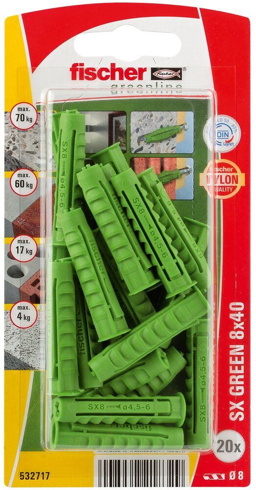 Дюбель SX Green 8x40 Fischer 532717 с кромкой, зелёный нейлон, 20 шт  в блистере - фото