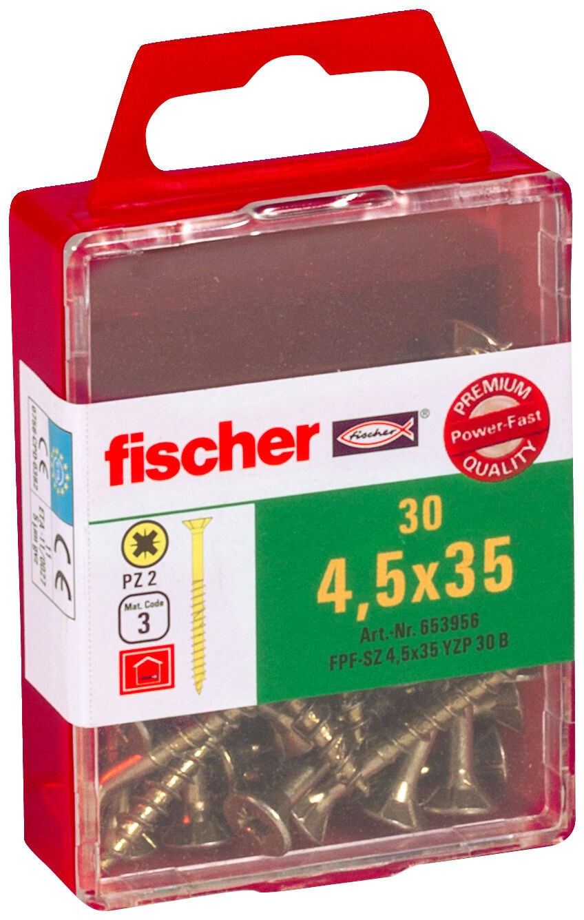 Саморез потай 4,5х35 мм Fischer FPF-SZ YZP 653956, неполная резьба, желтый цинк (30 шт) - фото