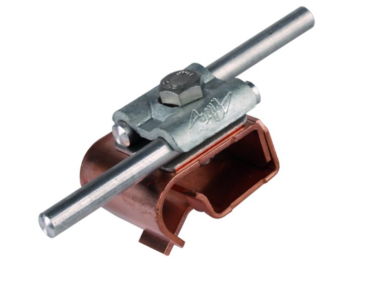 Биметаллическая клемма для монтажа проводников на жёлобе с двойной накладкой Rd=8-10 мм 16-22 мм, медь/оцинкованная сталь - фото