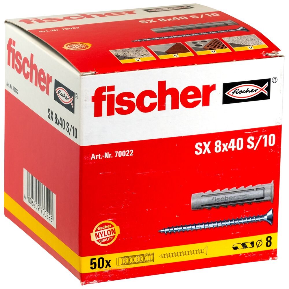 Дюбель SX 8x40 S/20 Fischer 070022 с кромкой и потайным шурупом, нейлон - фото
