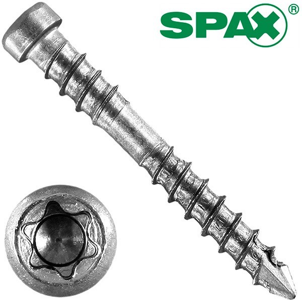 Саморез для террасной доски SPAX с цилиндрической головкой, переменной резьбой и шлицем T-Star, CUT-point, нержавеющая сталь А2 - фото