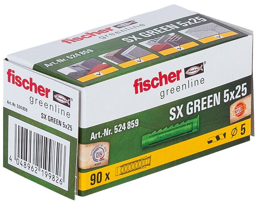 Дюбель SX Green 5x25 Fischer 524859 с кромкой, зелёный нейлон - фото