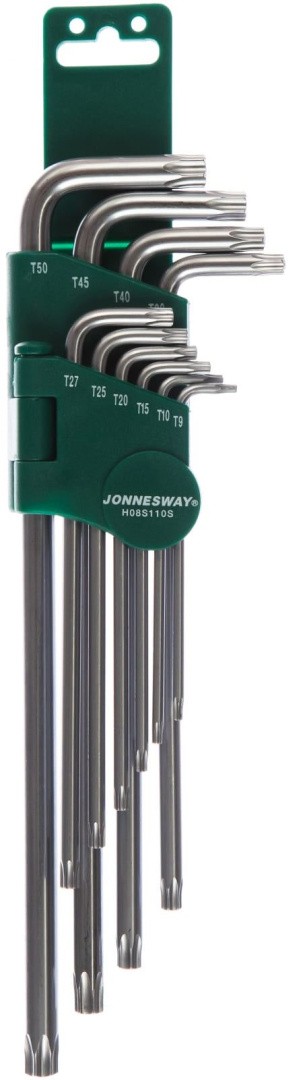 Комплект шестигранных ключей TORX (Т9-Т50) с центрированным штифтом EXTRA LONG Jonnesway H08S110S, 10 штук - фото