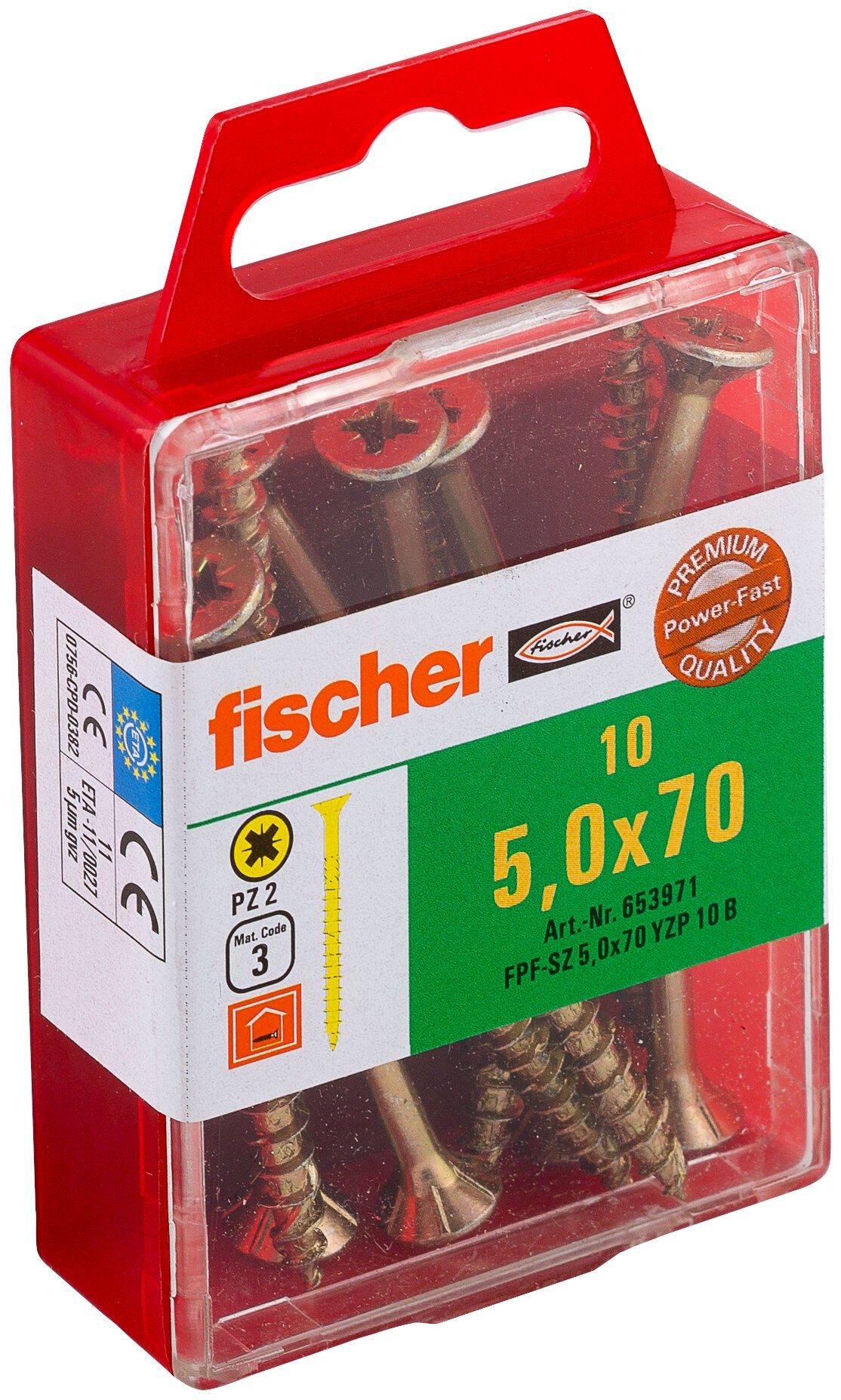 Саморез потай 5х70 мм Fischer FPF-SZ YZP 653971, неполная резьба, желтый цинк (10 шт) - фото