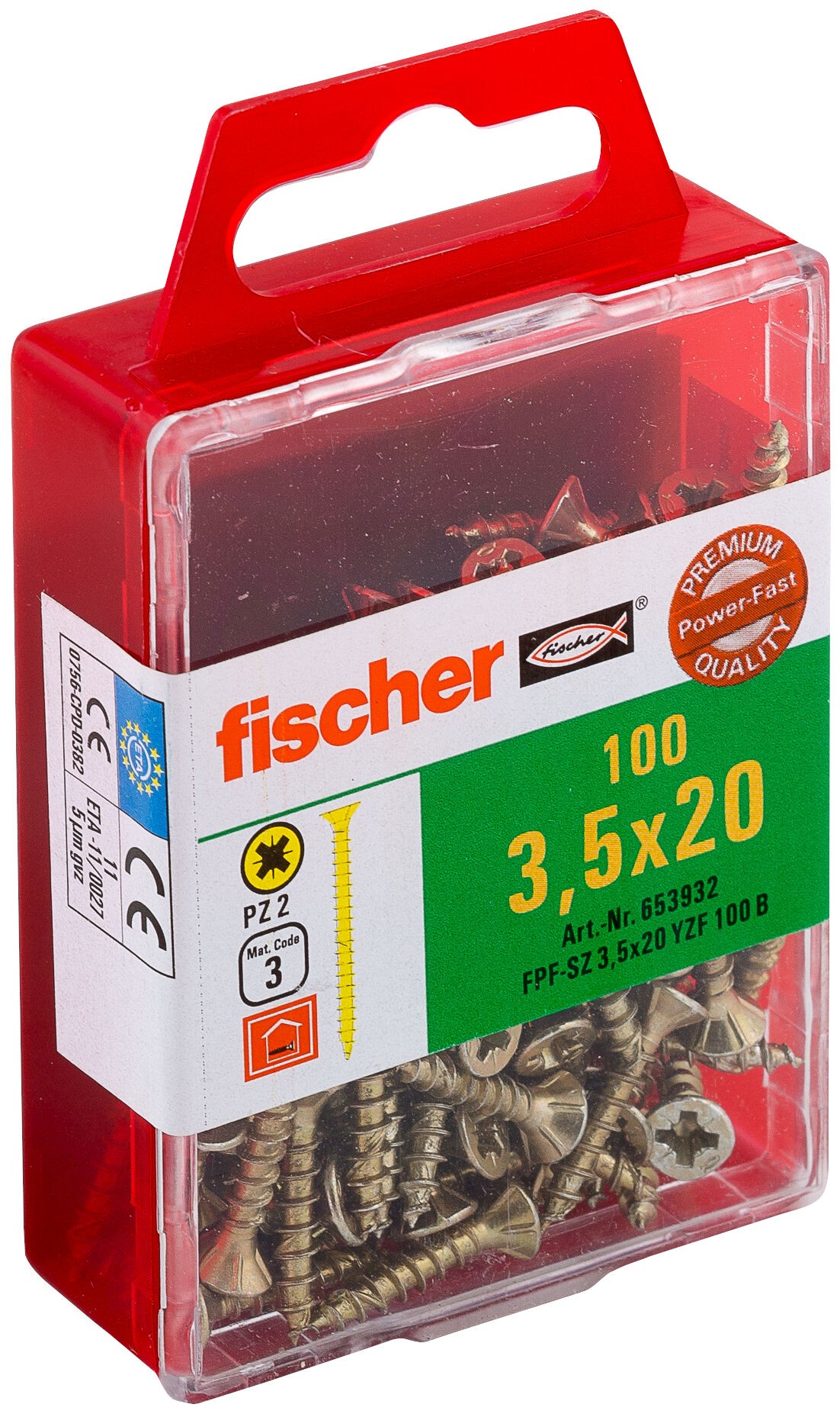 Саморез потай 3,5х20 мм Fischer FPF-SZ YZF 653932, полная резьба, желтый цинк (50 шт) - фото