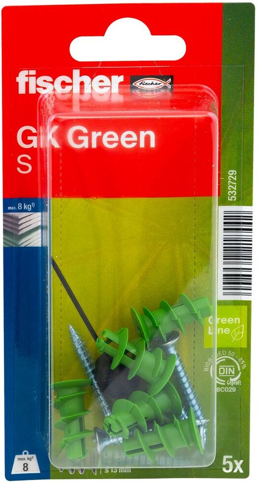 Дюбель для гипсокартона с потайным шурупом GK Green S Fischer 532729, зелёный нейлон, 5 шт в блистере - фото
