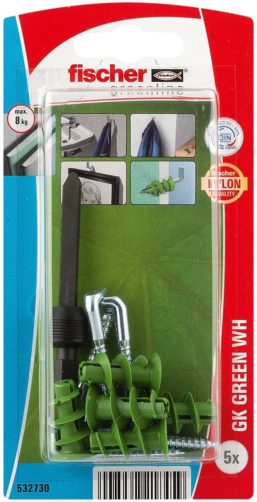 Дюбель для гипсокартона с Г-образным шурупом GK Green WH Fischer 532730, зелёный нейлон, 5 шт в блистере  - фото
