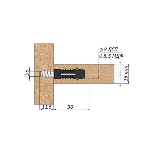 PAD Скрытая стяжка-шкант, неразборная, D8,8 для плит толщиной от 16 мм - размеры монтажа
