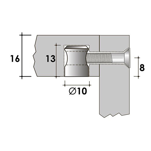 Стяжка-бочонок под шлиц для плит толщиной от 16 мм - размеры монтажа
