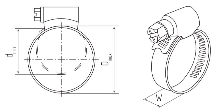 Хомут червячный 160-180/12 мм NORMA Torro, оцинкованная сталь W1 - схема, чертеж
