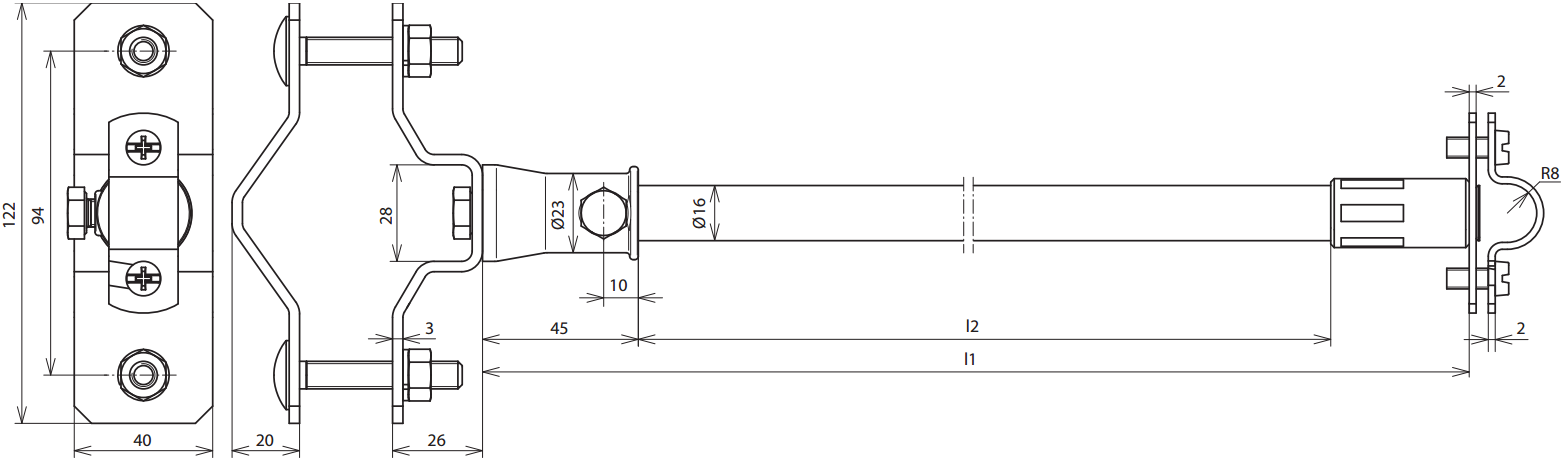Дистанционный держатель DEHNiso с хомутом для труб арт. 106225, схема размеров