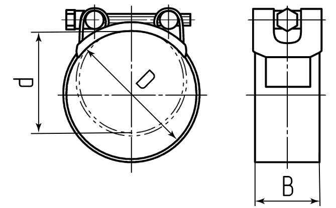 Хомут силовой одноболтовый 122-130/24 мм, нержавеющая сталь W4 - схема, чертеж