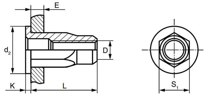 Резьбовая заклепка с цилиндрическим бортиком, шестигранная ½ - схема