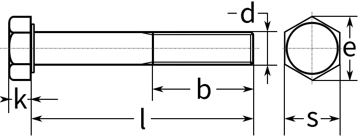 Болт с шестигранной головкой и неполной резьбой ISO 4014 (DIN 931) - чертеж