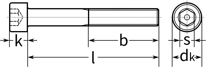 Болт (винт) с внутренним шестигранником имбус DIN 912 - чертеж, схема (Hexagon socket head cap screws)