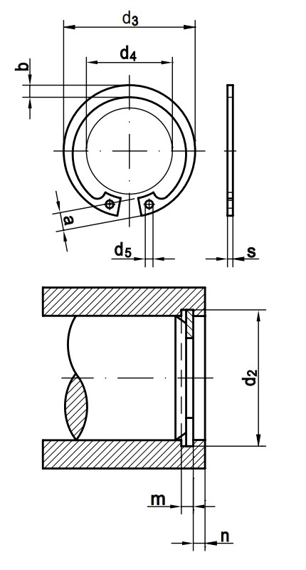 Кольцо стопорное внутреннее DIN 472 - схема, чертеж