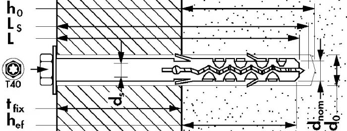 Дюбель фасадный Mungo MBRK-STB со стопорным шурупом с прессшайбой - схема, чертеж