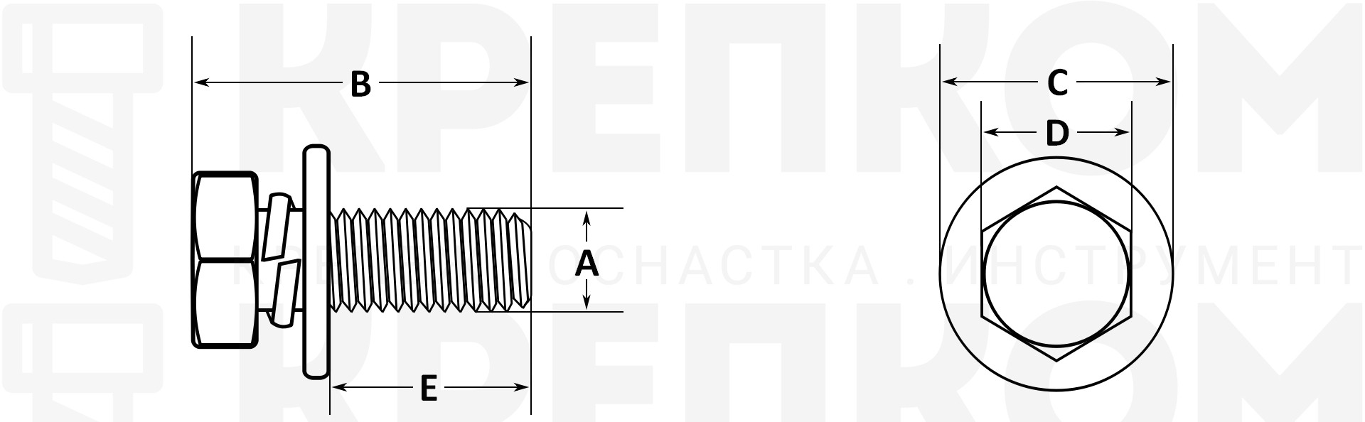 Болт шестигранный М6х1х20 мм с шайбами SN-10114 - схема, чертеж