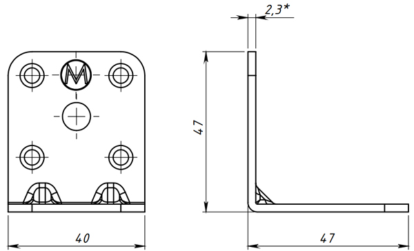 Уголок крепежный 47х47х40х2,3 мм - схема, чертеж