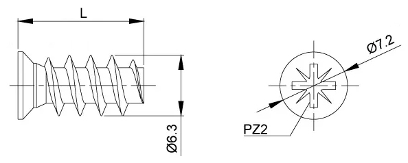 Евровинт с потайной головкой и шлицем PZ2 - схема, чертеж