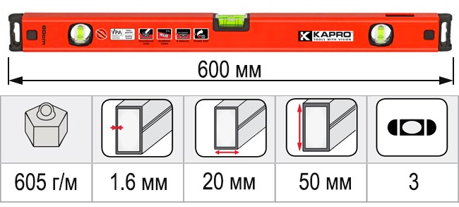 Размеры уровень строительный 600 мм KAPRO GENESIS 781-41-60PM