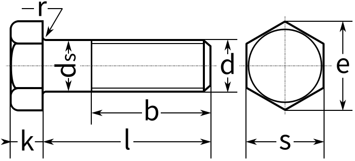 Болт шестигранный с неполной резьбой ГОСТ 52644-2006, тип ХЛ - схема