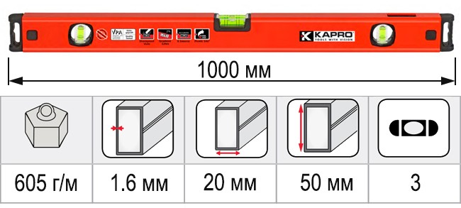 Размеры уровень строительный 1000 мм KAPRO GENESIS 781-41-100PM