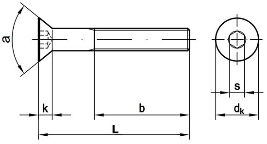Винт потайной с внутренним шестигранником DIN 7991 - схема, чертеж