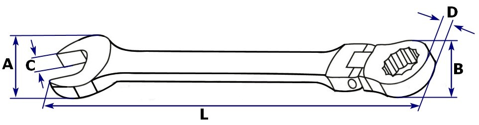 Ключ комбинированный трещоточный Jonnesway, размеры, схема