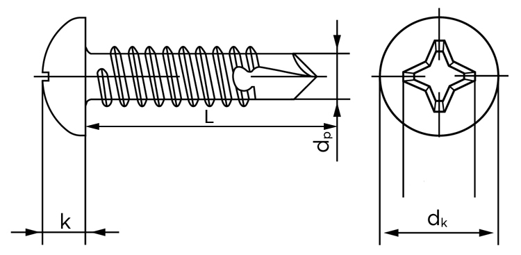 Саморез с полукруглой головкой и буром DIN 7504 N - схема, чертеж