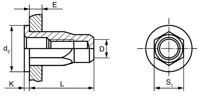 Резьбовая заклепка с цилиндрическим бортиком, шестигранная чертеж