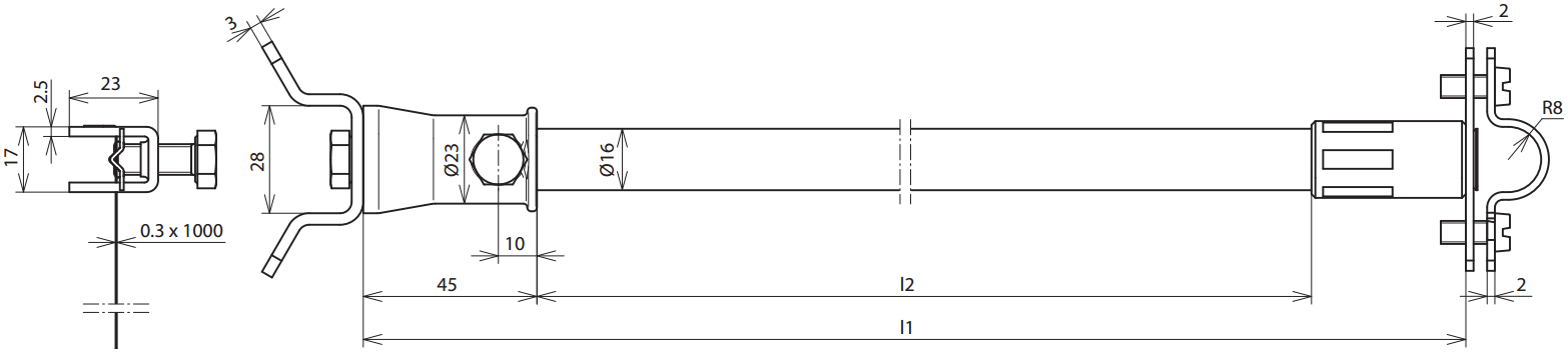 Дистанционный держатель DEHNiso с ленточным хомутом арт. 106245, схема размеров