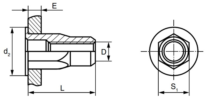 Резьбовая заклепка с тонким бортиком, шестигранная 1/2 - схема
