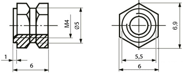 Втулка резьбовая закладная М4х6 мм Ruichi BN1035 глухая - схема