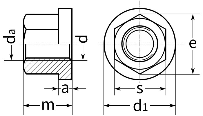 Гайка высокая с фланцем (с буртом) DIN 6331 - чертеж, схема, Hexagon nuts with collar