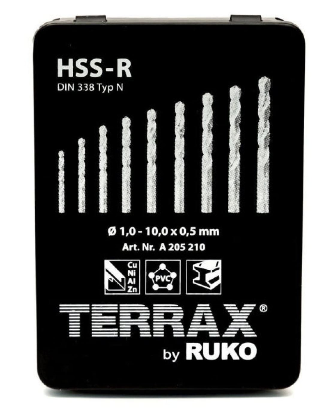 Набор сверл по металлу 1-10х0,5 мм, 19 шт HSS-R DIN 338, RUKO TERRAX A205210 - фото