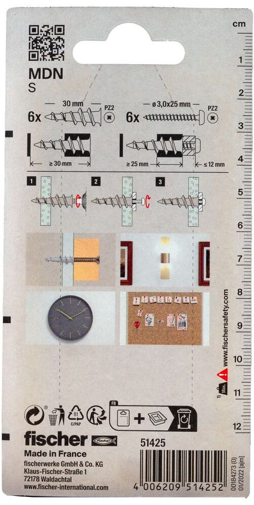 Дюбель для гипсокартона с шурупом с полукруглой головкой MDN S Fischer 051425, 6 шт в блистере - фото