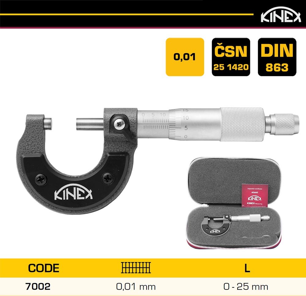 Микрометр внешний 0-25 мм, 0,01 мм DIN 863 KINEX 7002 - фото