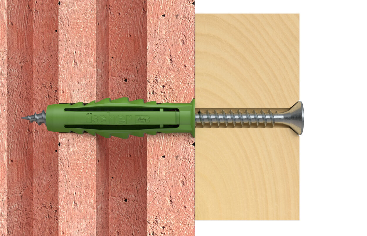 Дюбель SX Green 5x25 Fischer 532713 с кромкой и потайным шурупом, зелёный нейлон, 20 шт  в блистере - фото