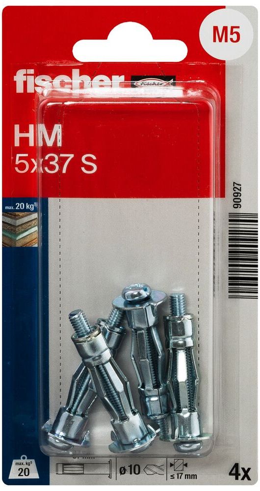 Анкер для пустотелых материалов HM S 5х37 Fischer 090927, оцинкованная сталь, 4 шт в блистере - фото