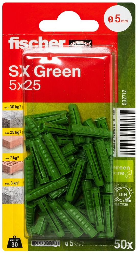 Дюбель SX Green 5x25 Fischer 532712 с кромкой, зелёный нейлон, 50 шт в блистере - фото