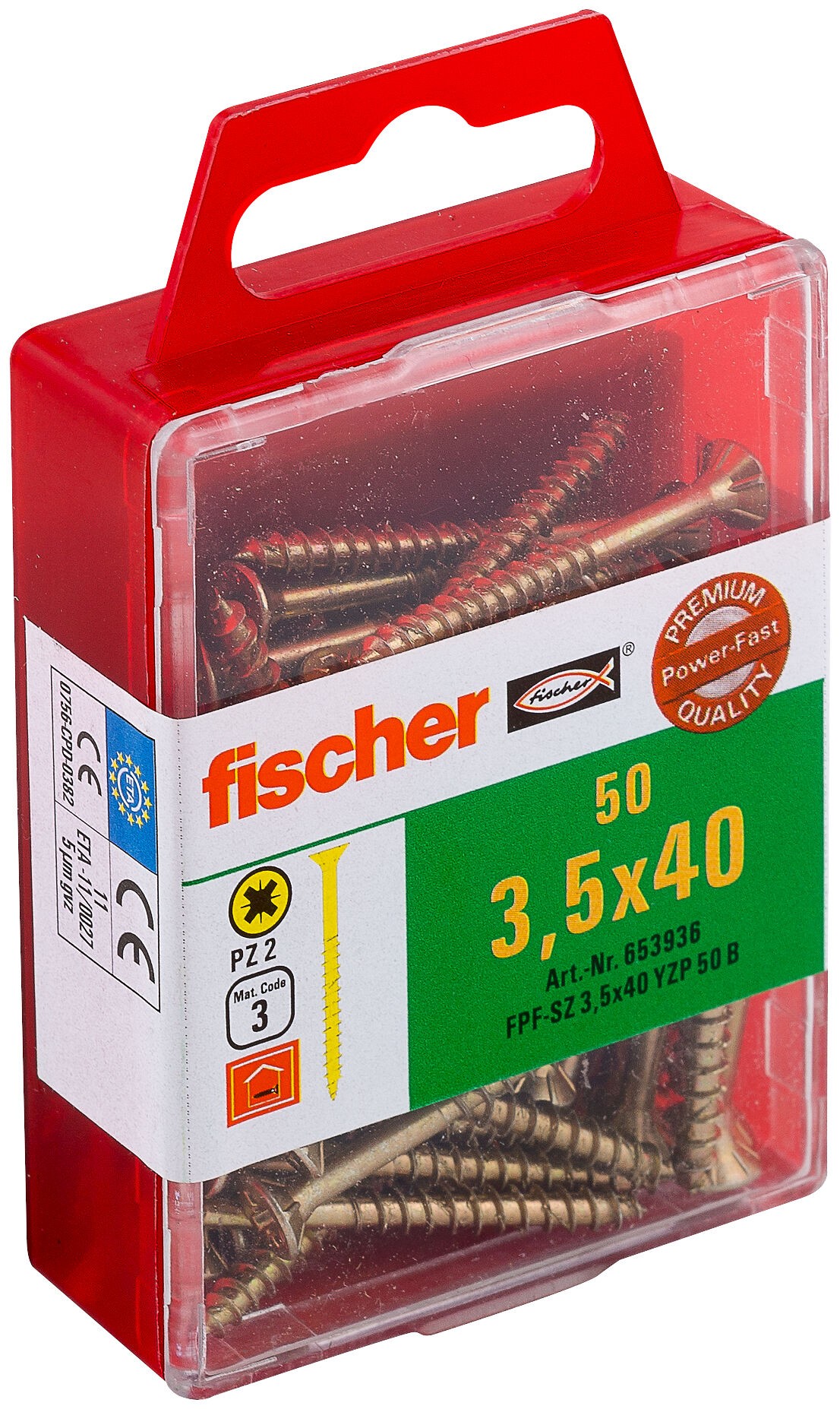 Саморез потай 3,5х40 мм Fischer FPF-SZ YZP 653936, неполная резьба, желтый цинк (50 шт) - фото