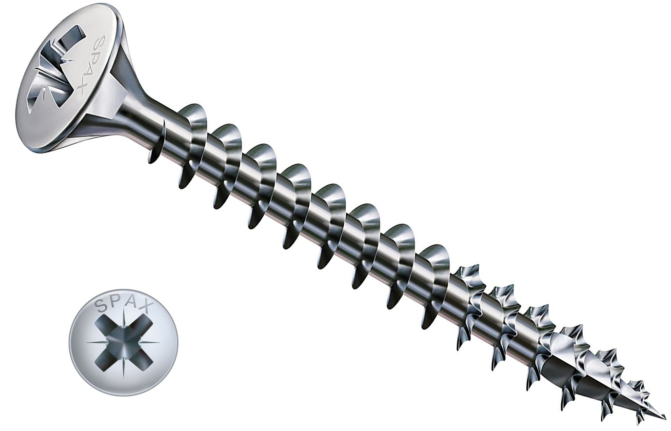 Саморез универсальный SPAX с полупотайной (линзовой) головкой и полной резьбой, шлиц PZ, S point/4CUT, сталь никелированная